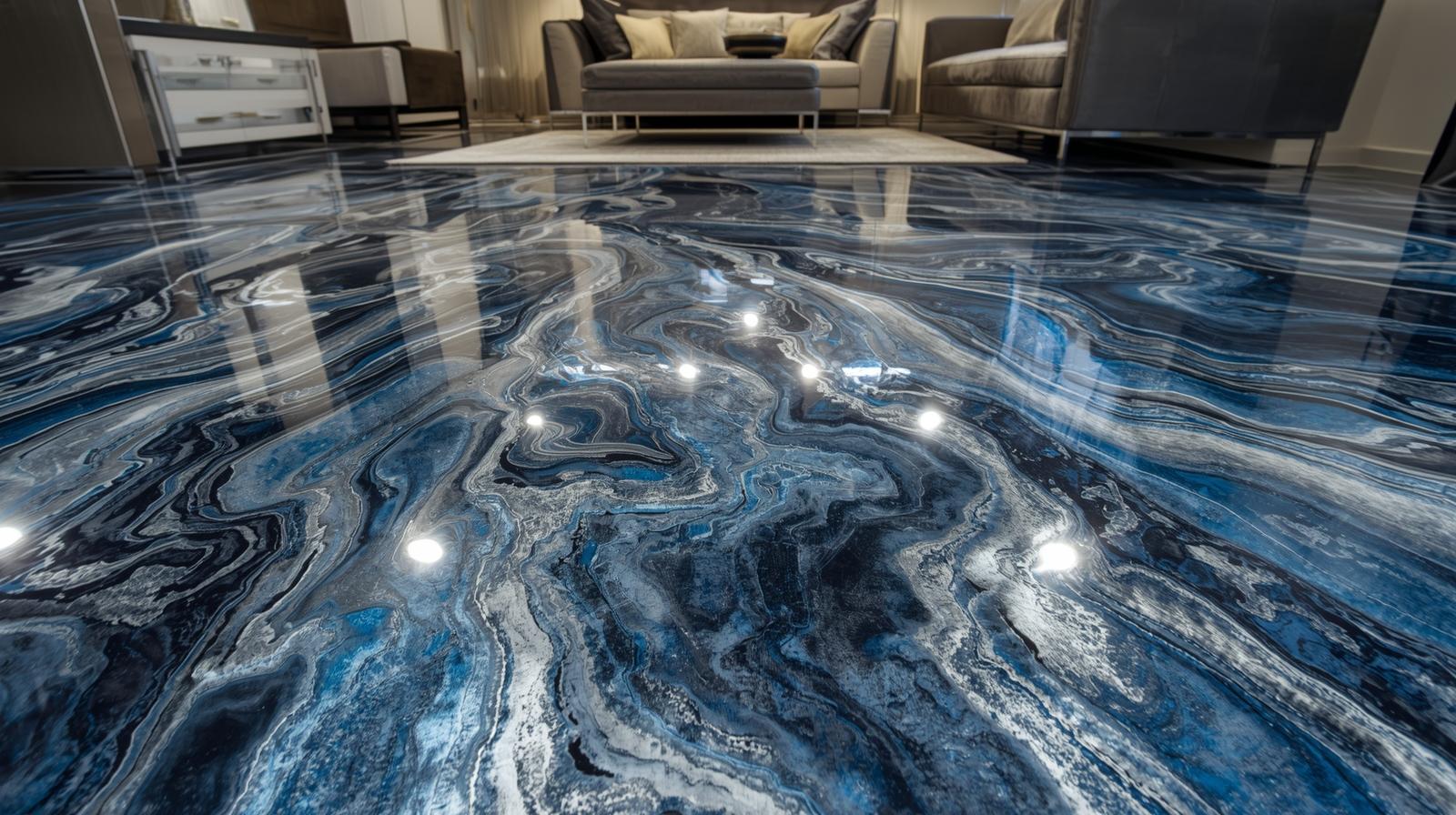 Blue metallic epoxy flooring with high gloss finish